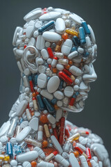 Fototapete - A digital 3D profile where the pills are arranged to form the musculature of the body, emphasizing the texture and flow of the human form,