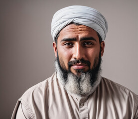 A man with a beard and a white turban is smiling