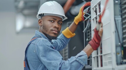 Portrait of male professional electrician engineer or technician wearing overall and safety helmet checking the condition of ventilation system. Maintenance of air conditioners concept.