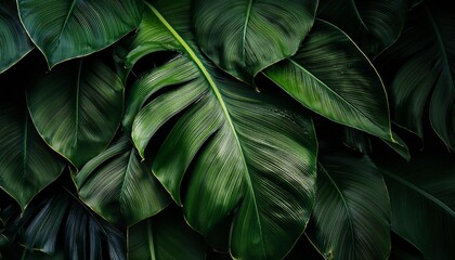 abstract dark green leaves organic nature in a forest detail, tropical foliage plant, monstera leaf