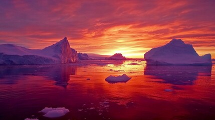 Poster - Breathtaking Arctic Sunset with Icebergs. Stunning red and orange hues reflect on cold water. Calm and serene atmosphere of polar landscape. Perfect for nature and travel themes. AI