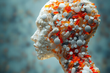 Aufkleber - A digital 3D body in profile, with pills forming a dense, intricate pattern that highlights the contours and curves of the figure,