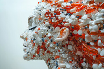 Fototapete - A digital 3D body in profile, with pills forming a dense, intricate pattern that highlights the contours and curves of the figure,