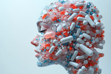 Fototapete - A surreal 3D profile of a body made from pills, where the pills seem to flow and shift, creating a dynamic sense of movement,
