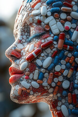 Fototapete - A detailed 3D profile of a face, with pills carefully arranged to capture the nuances of expression and form,