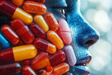 Fototapete - A 3D-rendered profile where pills form a smooth, continuous surface, with the pills blending seamlessly to create the illusion of skin,