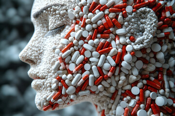 Fototapete - A 3D-rendered profile where pills form a smooth, continuous surface, with the pills blending seamlessly to create the illusion of skin,