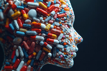 Fototapete - A digital 3D silhouette of a body in profile, made entirely of pills, with each pill casting a soft shadow to enhance the depth,