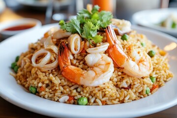 Seafood Tom Yum Fried Rice,Stir fried rice with shrimp and squid with chilli sauce on white plate - generative ai