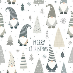 Wall Mural - Seamless pattern with Christmas gnomes and trees in soft grey tones on white background.