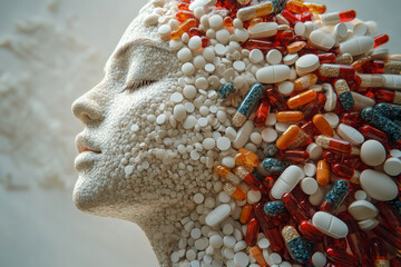 Fototapete - A 3D-rendered profile of a human figure, where pills are arranged to create a smooth, flowing gradient from head to toe,