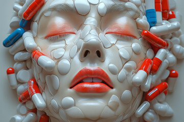 Fototapete - A minimalist 3D profile of a face, with pills placed precisely to define the eyes, nose, and mouth in a clean, abstract manner,