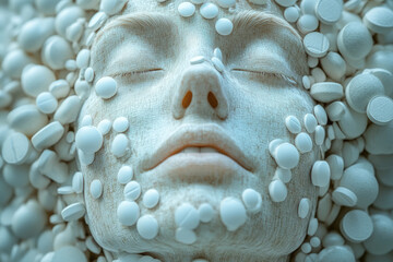 Aufkleber - A minimalist 3D profile of a face, with pills placed precisely to define the eyes, nose, and mouth in a clean, abstract manner,