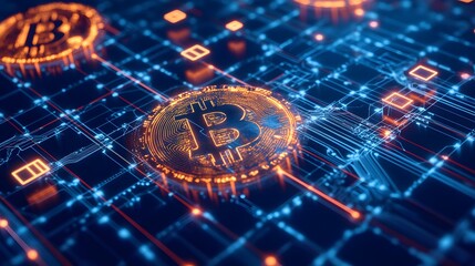 Wall Mural - 5. a conceptual image of a blockchain network with bitcoin nodes highlighted