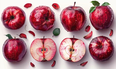 red apple apples many angles,view side top sliced halved cut isolated on transparent background cutout file.