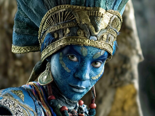 Wall Mural - A woman in a blue and gold headdress with gold beads on it. She has blue face paint and is wearing a blue dress