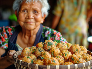 Canvas Print - A woman is holding a basket full of food. The basket is filled with small, round food items