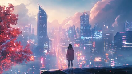 Poster - A Solitary Figure Gazing at a Futuristic Cityscape Under a Pink-Hued Sky