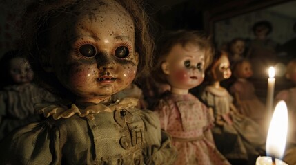 dolls looking at the camera in a room. fear or dark concept