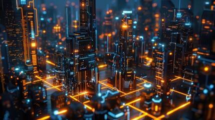 Wall Mural - A futuristic cityscape powered by AI, with glowing circuit lines running through buildings, symbolizing advanced technology