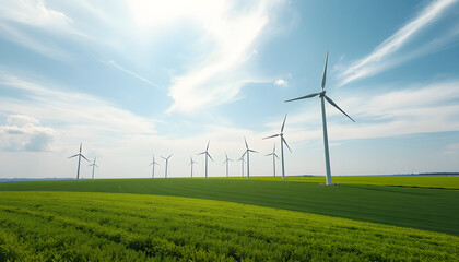 Wind turbines spin gracefully over a lush green field under a serene sky isolated with white highlights, png