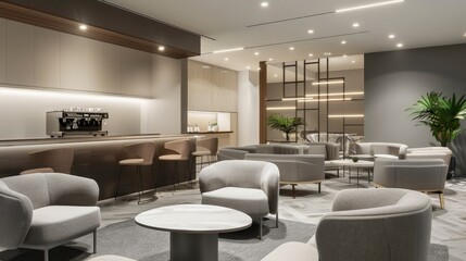 Canvas Print - A 3D-rendered business lounge area with comfortable seating, coffee machines, and casual meeting spots.