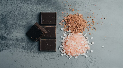 Close-up of broken chocolate bar with himalayan pink salt crystals on stone surface countertop for sweet food culinary concept. The chunks of broken chocolate bars, crushed cocoa beans in background