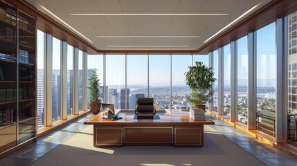 Wall Mural - A 3D-rendered executive office with luxury furniture, large windows, and a panoramic city view.