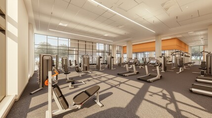 Poster - A 3D-rendered gym with state-of-the-art equipment, featuring treadmills, free weights, and a variety of strength machines in a spacious layout.