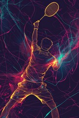 Wall Mural - A badminton player is brought to life in a continuous line drawing, with neon glow accents that highlight their form and add a modern, energetic touch to the vector illustration.