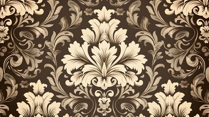 Wall Mural - Vintage Chocolate Brown and Cream Floral Baroque Damask Pattern Backdrop