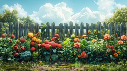 Wall Mural - Vibrant Flower Garden with Wooden Fence