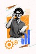 © deagreez - Vertical photo collage of happy girl freelancer hold ebook progress chart gearwheel optimization paper plane isolated on painted background