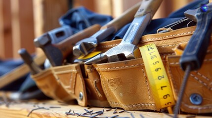 Sticker - A carpenter's tool belt filled with hammers, nails, and measuring tape, ready for any construction task.