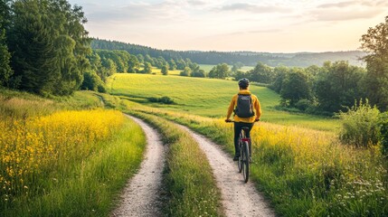 A cyclist in a yellow jacket rides along a scenic dirt path through lush, green countryside filled with trees and flowering fields under a clear sky