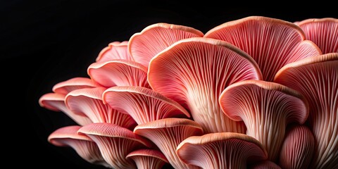 Wall Mural - Close-up of pink oyster mushrooms on a black background, Pink oyster mushrooms, Pleurotus djamor, edible, healthy