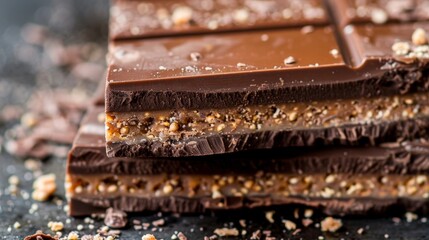 Wall Mural - A close-up shot of a chocolate bar's cross-section, revealing its layered ingredients.