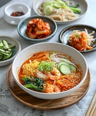 Wall Mural - Korean bowl of white noodles topped with shrimp, carrots, and greens. additional small bowls with kimchi with shrimp, traditional Asian cuisine