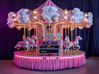 Wall Mural - A carnival ride with a pink background and a blue sky