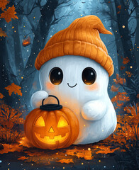 Wall Mural - Adorable Ghost with a Pumpkin, Autumn Leaves, and Bats