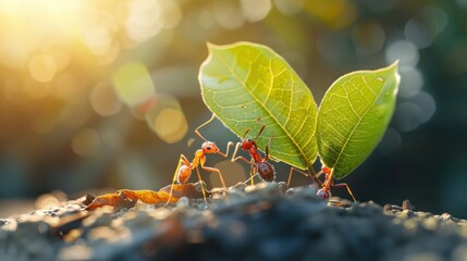 Ants carry the leaves back to build their nests, carrying leaves, close-up. sunlight background. Concept team work together