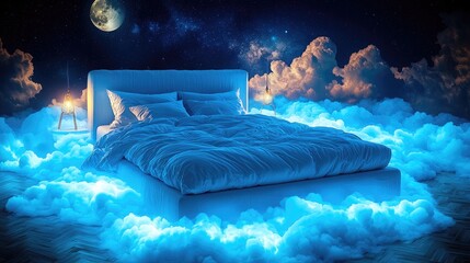 Wall Mural - Bed Floating Above Fluffy Clouds With a Full Moon and Night Sky