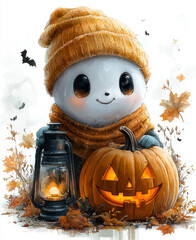 Wall Mural - Adorable Ghost with a Pumpkin, Autumn Leaves, and Bats