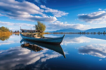 A tranquil boat floating on a reflective lake surrounded by mountains and clouds.