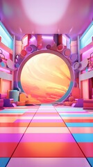 Wall Mural - Abstract futuristic interior with geometric shapes and a large circular window looking out on a colorful sky.