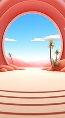 Wall Mural - Abstract minimal scene with palm trees and a sky view through a circular window.