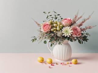 A white vase with flowers and lemons on a table