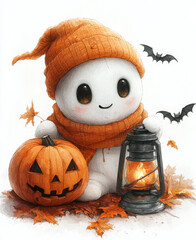 Wall Mural - Adorable Ghost with a Pumpkin, Autumn Leaves, and Bats