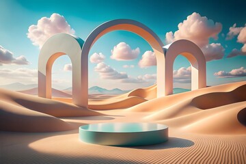 3d rendering, abstract panoramic background. Desert landscape with sand dunes, water and arches under the blue sky with white fluffy clouds. Minimalist aesthetic wallpaper
