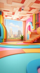 Wall Mural - Colorful abstract room interior with stairs, a city view, and geometric patterns.